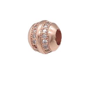 copper barrel beads pave zircon, large hole, rose gold, approx 7mm, 3mm hole