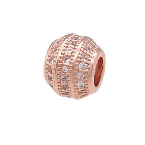 copper barrel beads pave zircon, large hole, rose gold, approx 8.5mm, 4mm hole