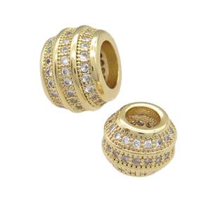 copper barrel beads pave zircon, large hole, gold plated, approx 10.5mm, 6mm hole