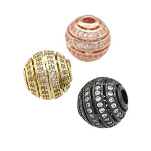 copper round beads pave zircon, large hole, mixed, approx 10mm, 2.5mm hole