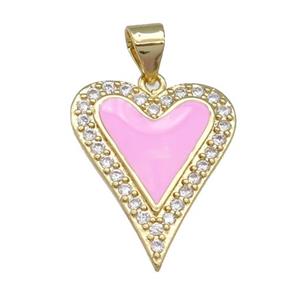 copper heart pendant pave zircon, pink enamel, gold plated, approx 16-20mm