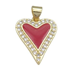 copper heart pendant pave zircon, red enamel, gold plated, approx 16-20mm
