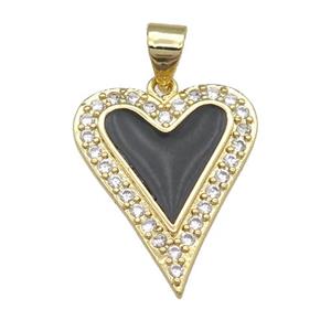 copper heart pendant pave zircon, black enamel, gold plated, approx 16-20mm