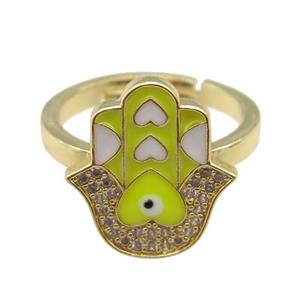 copper Ring pave zircon with yellow enamel hamsahand, gold plated, approx 15-18mm, 18mm dia