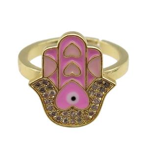 copper Ring pave zircon with pink enamel hamsahand, gold plated, approx 15-18mm, 18mm dia