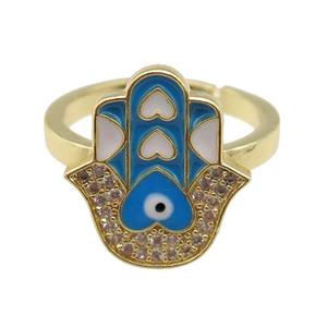 copper Ring pave zircon with blue enamel hamsahand, gold plated, approx 15-18mm, 18mm dia
