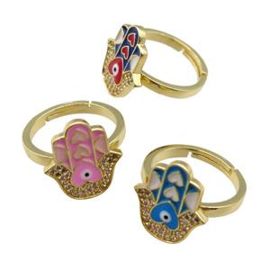copper Ring pave zircon with enamel hamsahand, gold plated, mixed, approx 15-18mm, 18mm dia