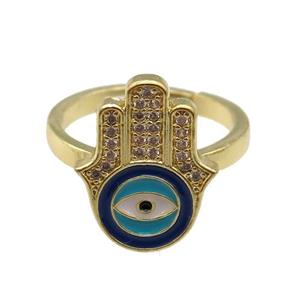 copper Ring pave zircon with enamel evil eye, hamsahand, gold plated, approx 15-18mm, 18mm dia