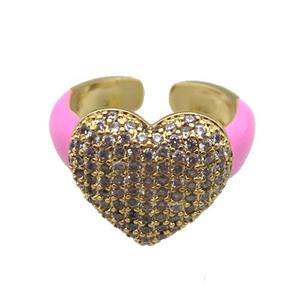copper Ring paved zircon with pink enamel, heart, gold plated, approx 15-17mm, 18mm dia