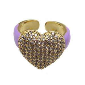 copper Ring paved zircon with purple enamel, heart, gold plated, approx 15-17mm, 18mm dia