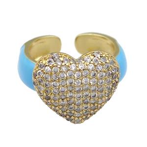 copper Ring paved zircon with teal enamel, heart, gold plated, approx 15-17mm, 18mm dia