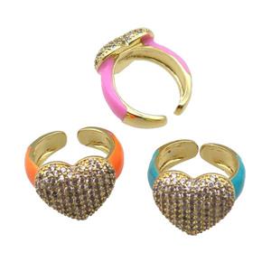 copper Ring paved zircon with enamel, heart, gold plated, mixed, approx 15-17mm, 18mm dia
