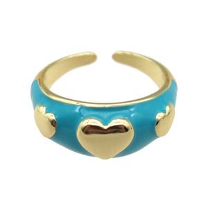 copper Ring with teal enamel, heart, gold plated, approx 10mm, 18mm dia
