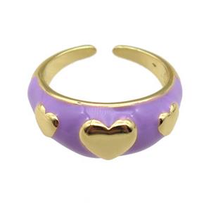 copper Ring with lavender enamel, heart, gold plated, approx 10mm, 18mm dia