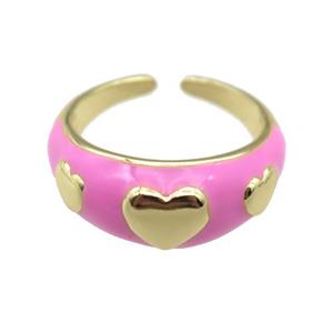 copper Ring with pink enamel, heart, gold plated, approx 10mm, 18mm dia