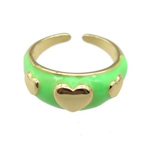 copper Ring with green enamel, heart, gold plated, approx 10mm, 18mm dia