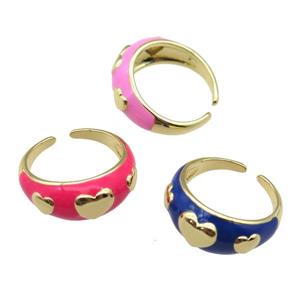 copper Ring with enamel, heart, gold plated, mixed, approx 10mm, 18mm dia
