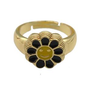 copper Ring with black enamel daisy, adjustable, gold plated, approx 14mm, 18mm dia