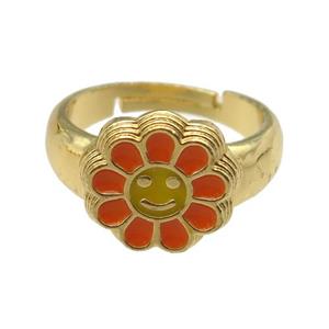 copper Ring with orange enamel daisy, adjustable, gold plated, approx 14mm, 18mm dia