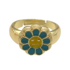 copper Ring with teal enamel daisy, adjustable, gold plated, approx 14mm, 18mm dia