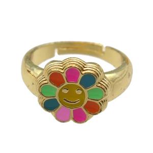 copper Ring with enamel daisy, adjustable, gold plated, approx 14mm, 18mm dia