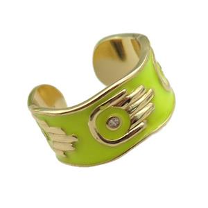 copper Ring with yellow enamel, hand, gold plated, approx 10mm, 18mm dia