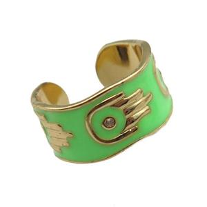 copper Ring with green enamel, hand, gold plated, approx 10mm, 18mm dia