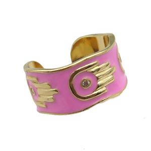copper Ring with pink enamel, hand, gold plated, approx 10mm, 18mm dia