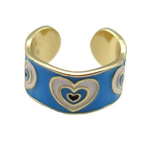 copper Ring with blue enamel, heart, gold plated, approx 10mm, 18mm dia