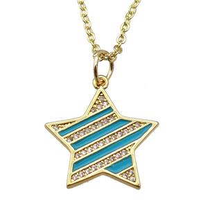 copper Necklace with teal enamel star, gold plated, approx 19mm, 42-47cm length