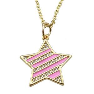 copper Necklace with pink enamel star, gold plated, approx 19mm, 42-47cm length