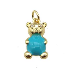 copper Bear pendant with teal enamel, gold plated, approx 9-17mm