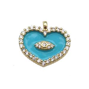 copper Heart pendant paved zircon with teal enamel, gold plated, approx 17-18mm