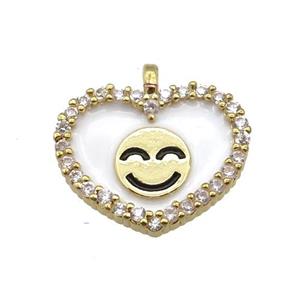 copper Heart pendant paved zircon with white enamel, happiness face, gold plated, approx 17-18mm