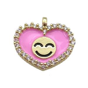 copper Heart pendant paved zircon with pink enamel, happiness face, gold plated, approx 17-18mm