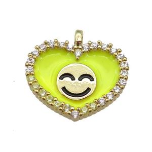 copper Heart pendant paved zircon with yellow enamel, happiness face, gold plated, approx 17-18mm