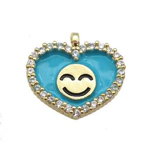 copper Heart pendant paved zircon with teal enamel, happiness face, gold plated, approx 17-18mm