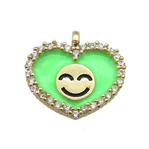 copper Heart pendant paved zircon with green enamel, happiness face, gold plated, approx 17-18mm