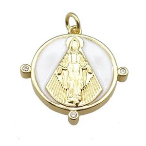 copper Pendant with Virgin Mary, white enamel, gold plated, approx 23mm