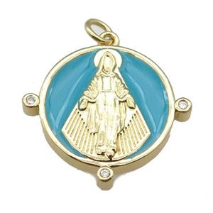 copper Pendant with Virgin Mary, teal enamel, gold plated, approx 23mm