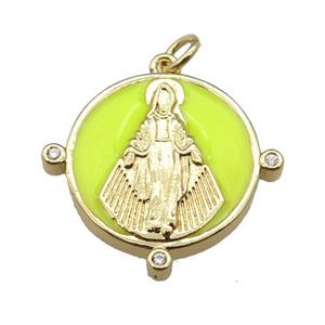 copper Pendant with Virgin Mary, yellow enamel, gold plated, approx 23mm