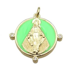 copper Pendant with Virgin Mary, green enamel, gold plated, approx 23mm