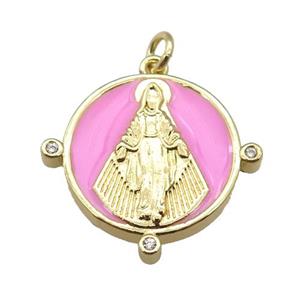 copper Pendant with Virgin Mary, pink enamel, gold plated, approx 23mm