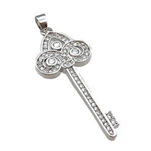 copper Key pendant paved zircon, platinum plated, approx 15-35mm