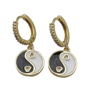 copper Hoop Earrings with enamel Taichi, yinyang, gold plated, approx 12mm, 14mm dia
