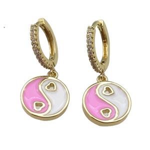 copper Hoop Earrings with pink enamel Taichi, yinyang, gold plated, approx 12mm, 14mm dia