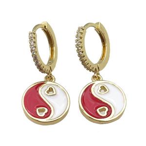 copper Hoop Earrings with red enamel Taichi, yinyang, gold plated, approx 12mm, 14mm dia