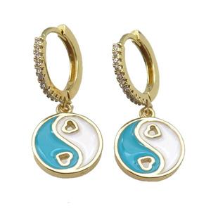 copper Hoop Earrings with teal enamel Taichi, yinyang, gold plated, approx 12mm, 14mm dia