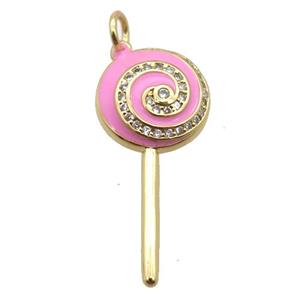 copper Lollipop pendant paved zircon with pink enamel, gold plated, approx 13-30mm