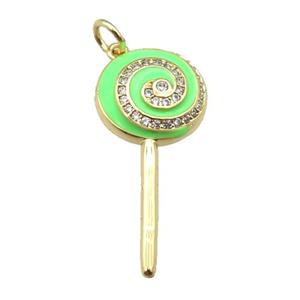copper Lollipop pendant paved zircon with green enamel, gold plated, approx 13-30mm